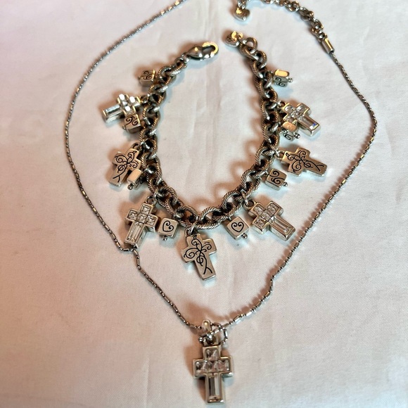 Brighton 2pc. Set Necklace & Bracelet Etched Filagree and Crystal Crosses - Picture 4 of 12